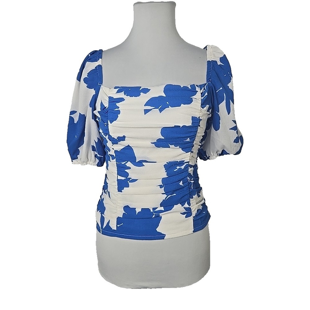 Sugar‎ Lips Blue & White Floral Square Neckline Puff Sleeve Crop Top Small S